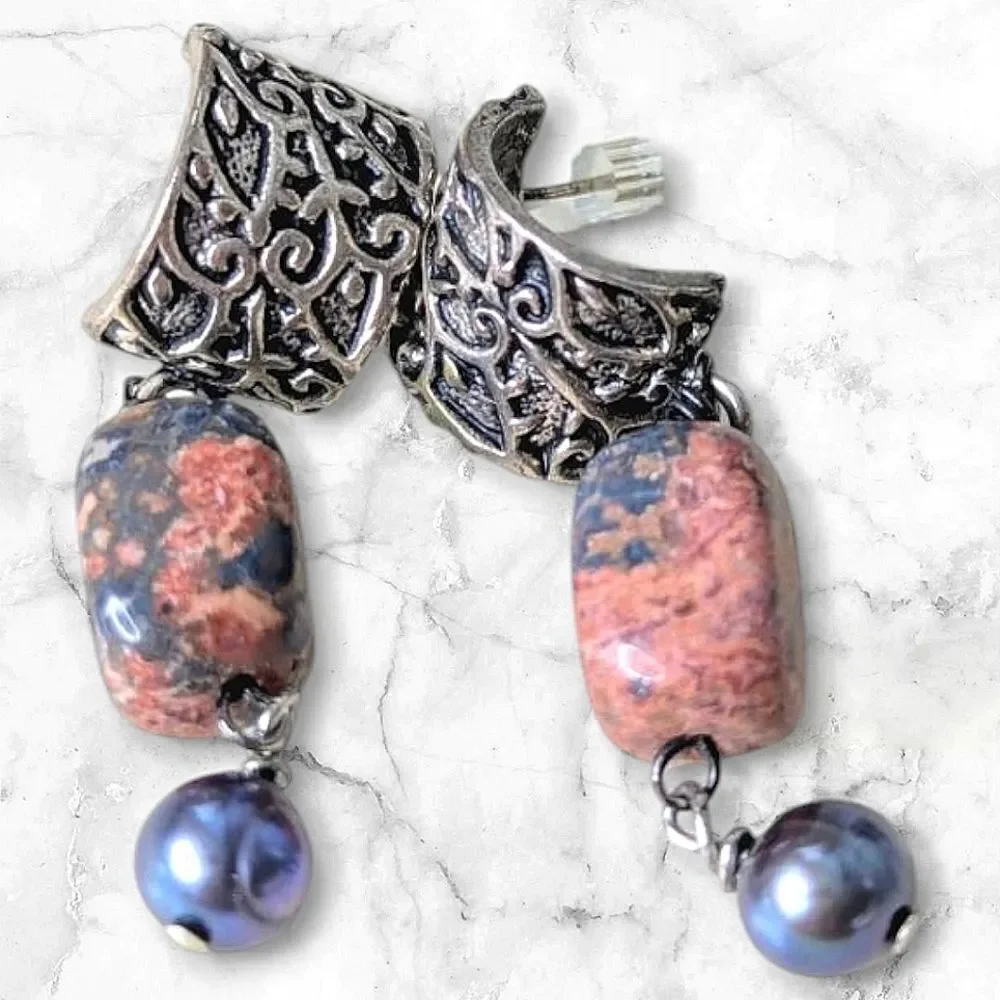 Natural Stone And Tooled Silver Dangle Earrings